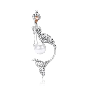 Elegant silver mermaid brooch with sparkling rhinestones and a large white round pearl inlay