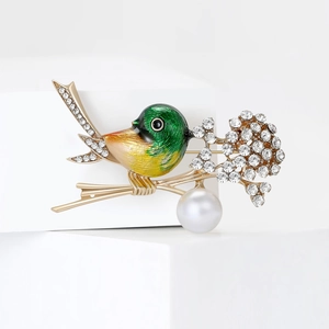 Exquisite kingfisher bird brooch with green enamel, sparkling rhinestones and white pearl