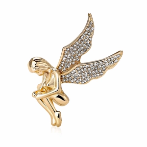 Eleganter Engel-Anstecker aus Gold mit glitzernden Strasssteinen für Damenanzug oder Kleid