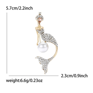Sparkling mermaid brooch with rhinestones and large white pearl in gold finish