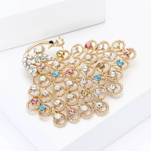 Exquisite gold peacock brooch with colorful crystals and rhinestones for women's suits