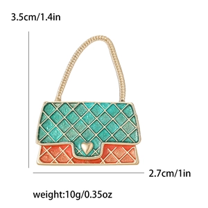 Fashionable enamel handbag brooch with green and orange quilt pattern and gold chain strap