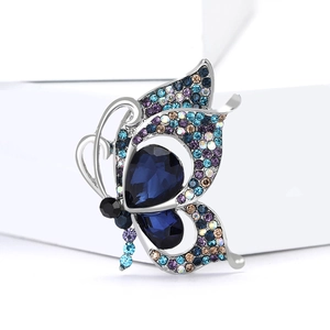 Elegant butterfly brooch with blue rhinestones and pear-cut crystals on a silver alloy base