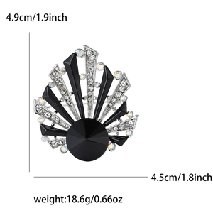 Black and silver shell-shaped alloy brooch with rhinestones in a modern fan geometry