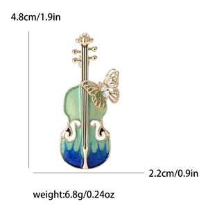 Broche violon en émail avec papillon et zircon blanc, taille 4,8cm par 2,2cm
