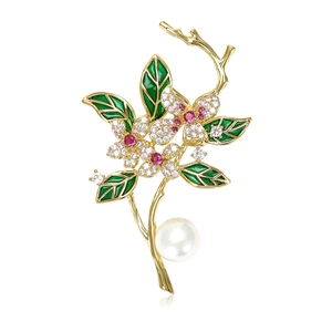 Luxurious Copper Zirconia Flower Branch Brooch Enamel Leaf Large Artificial Pearl Elegant Pins For Women Wedding Banquet Fashion Accessory