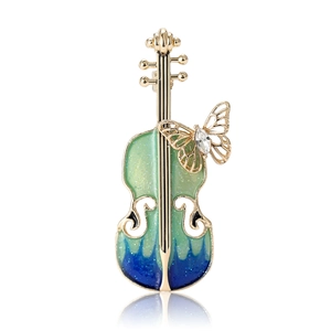 Broche violon dorée avec papillon en émail dégradé et détails en strass brillants