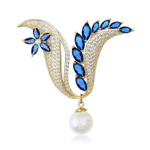 Eleganter Tulpen Brosche Mit Blauem Zirkonia Und Künstliche Perle Kupfer Vergoldet Blume Anstecknadel Für Damen Anzug Mantel Schmuck