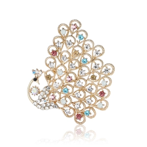 Exaggerated golden peacock brooch with colorful rhinestones and woven texture design