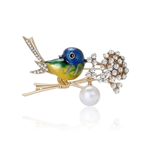 Cute Enamel Bird On Branch Brooch With Rhinestones And Faux Artificial Pearl Vintage Alloy Bird Pin For Women Fashion Clothing Accessories