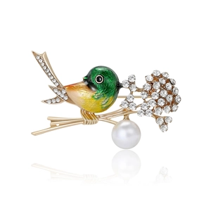 Exquisite kingfisher bird brooch with green enamel, crystals, and a white pearl drop