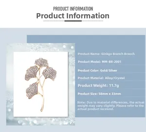 Detaillierte Produktspezifikationen für die funkelnde Ginkgoblatt-Brosche mit Maßen