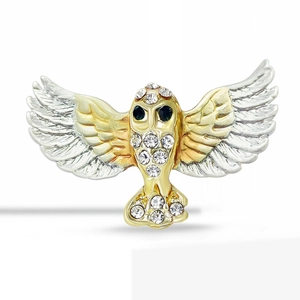 Elegant owl brooch pin with sparkling rhinestones and silver wings in gold finish