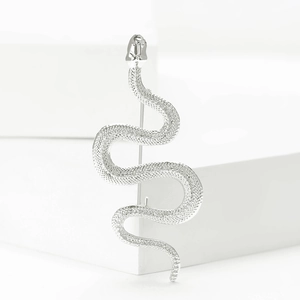 Macro shot of silver snake brooch with textured surface and pin fastening detail