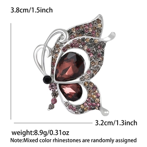 Elegant butterfly alloy brooch with sparkling red and multicolor rhinestones 3.8x3.2cm