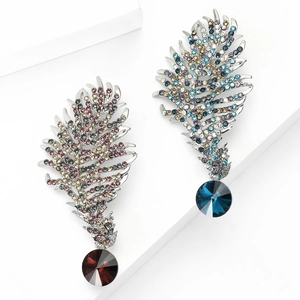 Elegante Federbroschen mit Strass und großen bunten Kunststeinen in Silberlegierung