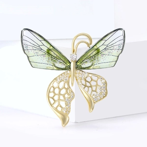 Elegant gradient crystal butterfly brooch with green resin wings and gold hollow metal