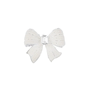 Elegant silver bow brooch with white pearls and a large emerald-cut clear crystal