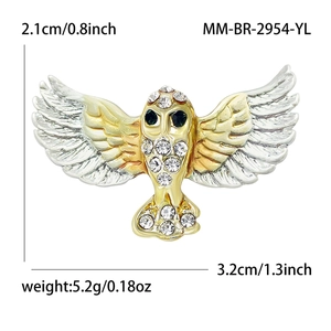 Exquisite owl brooch in gold and silver alloy with sparkling rhinestones and green eyes