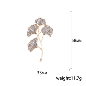 Ginkgoblatt Brosche in Goldoptik mit weißen Strasssteinen, Größe 58 mm x 33 mm