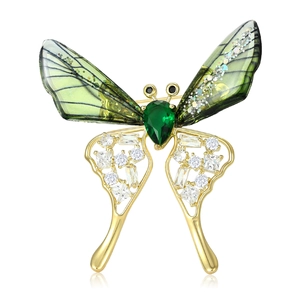 Creative Butterfly Brooch Copper With Zirconia Acrylic Green Wings Elegant Anti-Exposure Pin For Women Fashion Jewelry