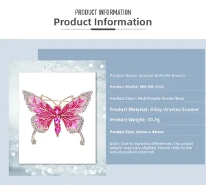 Detail view of pink butterfly brooch with 36mm by 45mm size specs and weight