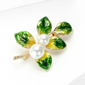 Elegant plant branch enamel brooch with gold alloy leaves and two white pearls