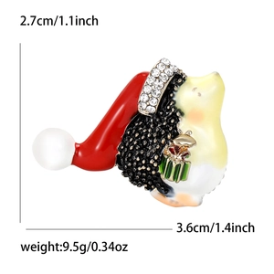 Christmas hedgehog brooch with red hat and green gift box in alloy enamel and rhinestones