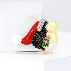 Cute Alloy Enamel Christmas Hedgehog Brooch With Rhinestones Christmas Hat Animal Breastpin For Women Men Holiday Gift