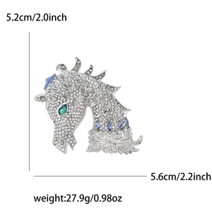 Detail view of horse head brooch with silver alloy, white rhinestones and size markings
