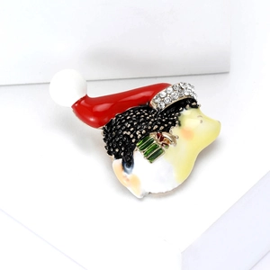 Cute enamel hedgehog brooch with red Santa hat and rhinestones for festive outfits