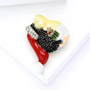 Cute enamel Christmas hat hedgehog brooch with sparkling rhinestones and golden gift box