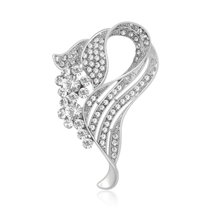 Elegant silver-toned rhinestone brooch featuring a curved floral leaf design and crystals