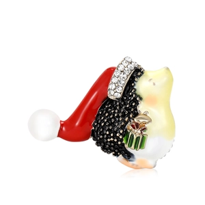 Cute hedgehog brooch with Christmas hat and gift box design in colorful enamel