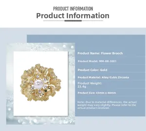 Detail view of gold flower brooch with white pearl center and sparkling rhinestones