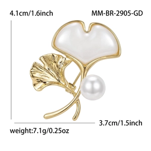 Spilla elegante a foglia di ginkgo con madreperla e perla bianca per cappotti