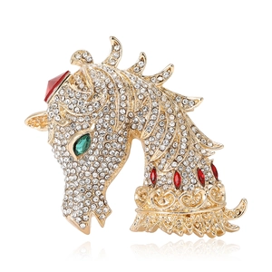 Exquisite gold horse head brooch with sparkling rhinestones and green gemstone eyes