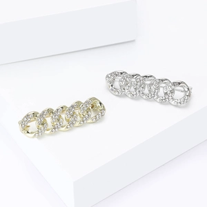 Exquisite Cuban link chain brooch set with pave rhinestones in gold and silver finish