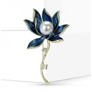 Eleganter goldener Lotus-Blumen-Anstecknadel mit blauer Emaille und weißer Perle