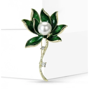 Eleganter vergoldeter Lotus-Blumen-Anstecker mit grüner Emaille und weißen Perlen