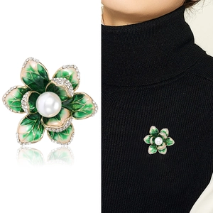 Elegant begonia flower brooch with enamel petals, white pearls and sparkling crystals