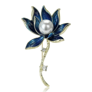 Vintage Enamel Lotus Flower Brooch Pin For Women Gold Plated Alloy With Large Imitation Artificial Pearl Rhinestone Elegant Banquet Dress Accessories Jewelry