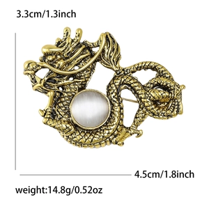 Vintage gold dragon brooch with white gemstone for suits, size 4.5cm by 3.3cm