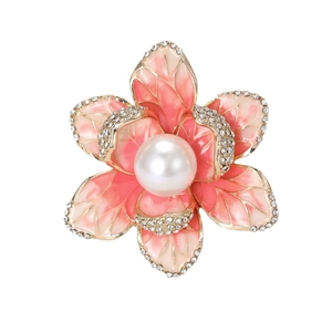 Elegant pink enamel flower brooch with center white pearl and sparkling crystals