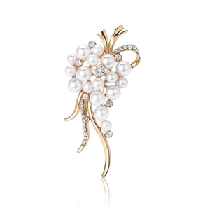 Broche élégante en alliage doré avec perles blanches et cristal brillant au centre
