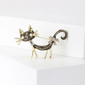 Cute black enamel long tail cat brooch with white pearls and rhinestones on gold base