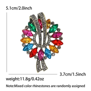 Vintage marquise crystal floral brooch with multicolor rhinestones and dimensions