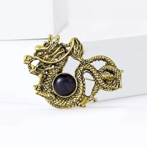 Vintage style golden dragon brooch with black gemstone for men's suit and shirt