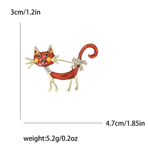 Cartoon red enamel long tail cat brooch with white rhinestones and gold alloy frame