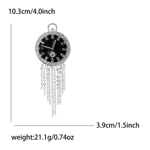 Vintage silver clock brooch with black enamel, rhinestones and metal tassels detail